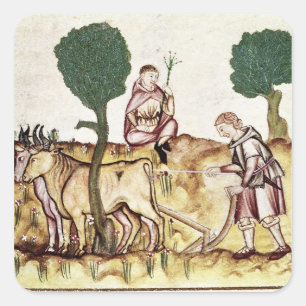 A farmer teaching his son to plough a field square sticker