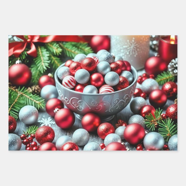 A feature with red and silver borbles wrapping paper sheet (Front)