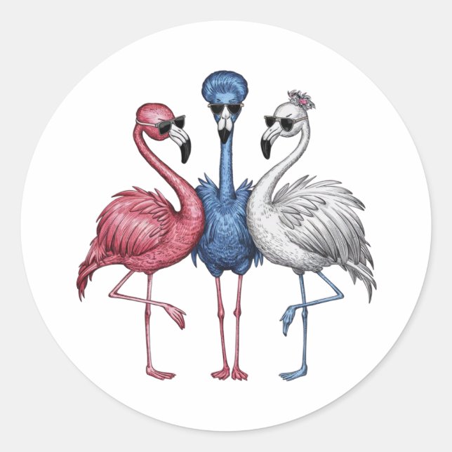 A featuring three unique flamingos that are quite  classic round sticker (Front)