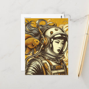 A female astronaut and a goldfish postcard