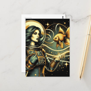 A female astronaut and a goldfish Scifi Postcard