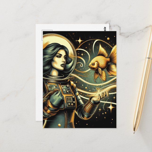 A female astronaut and a goldfish Scifi Postcard (Front/Back In Situ)