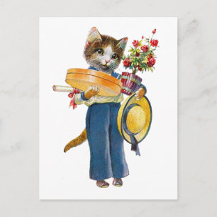 A Female Cat Bearing Flowers and Gifts Postcard