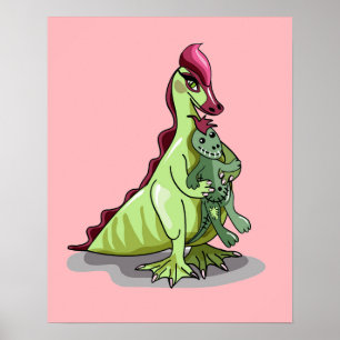 A Female Hadrosaurus Holding A Doll. Poster