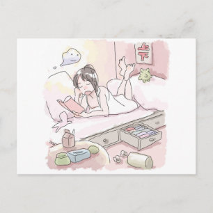 a female illustration of a sleeping girl lying in postcard