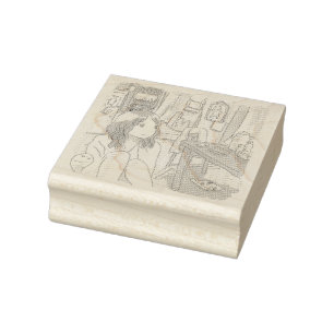 a female illustration of a woman sitting idly in a rubber stamp
