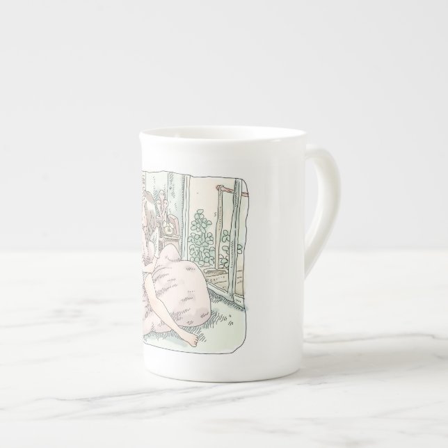a female illustration sitting on a cushion in a cl bone china mug (Front Right)
