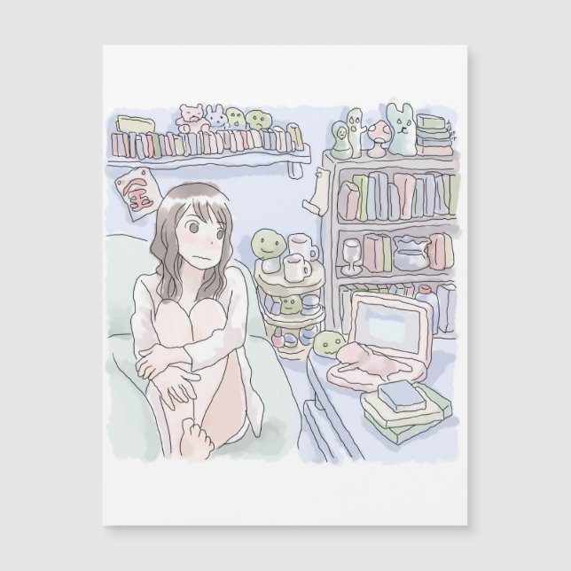 a female illustration sitting on a sofa in a water (Front)