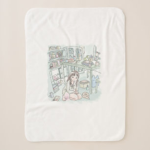 a female illustration squatting under a table in a sherpa blanket