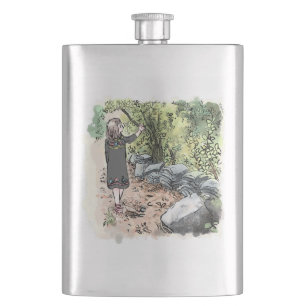 a female water color illustration that walks along hip flask