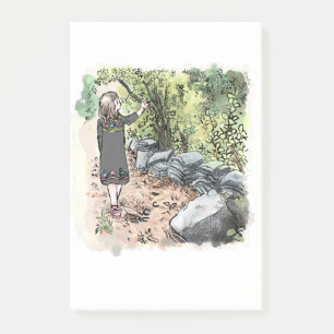 a female water color illustration walking along a post-it notes