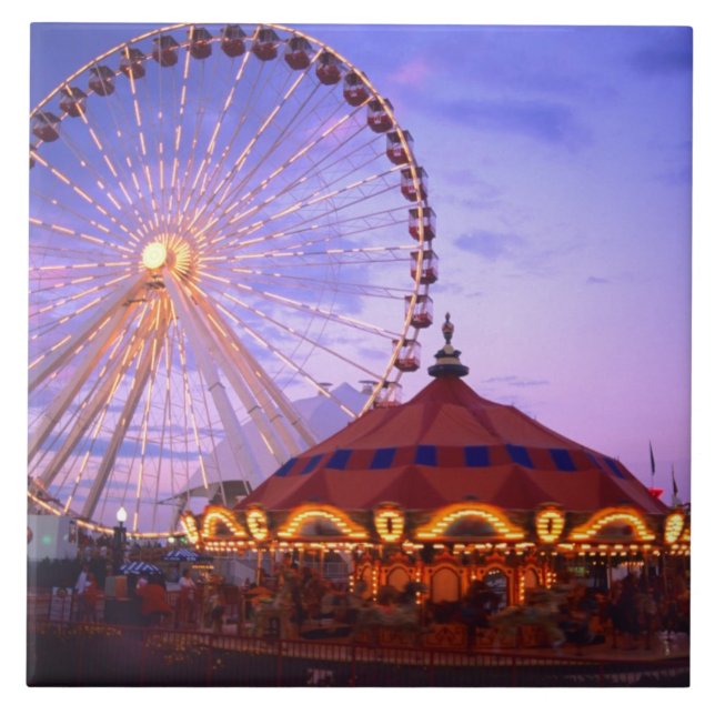A ferris wheel and carousel at the Navy Pier in Ceramic Tile (Front)