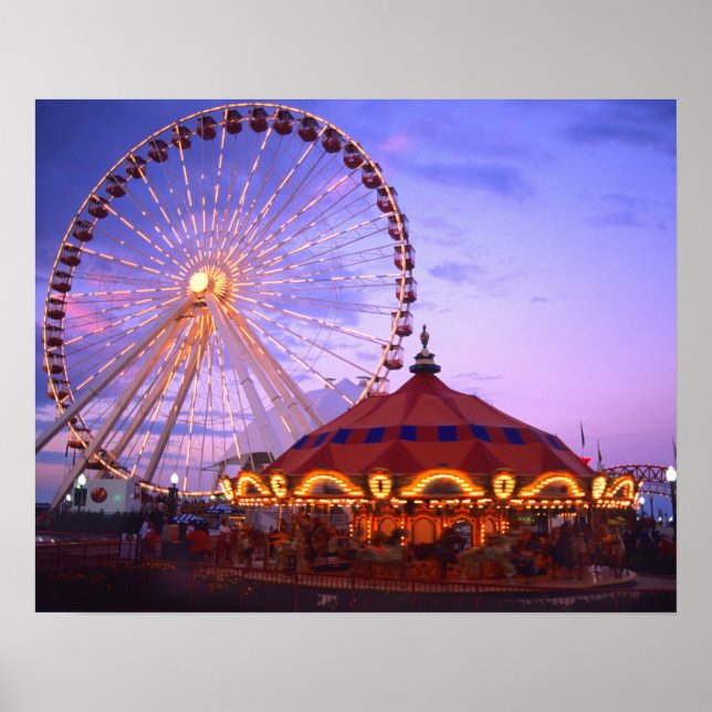 A ferris wheel and carousel at the Navy Pier in Poster (Front)