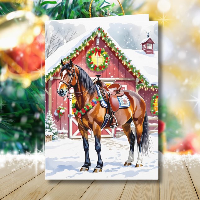 A Festive Brown Horse and Winter Barn Christmas Card (Creator Uploaded)