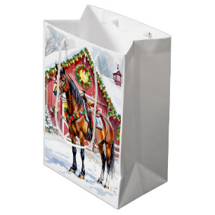 A Festive Brown Horse and Winter Barn Christmas Medium Gift Bag