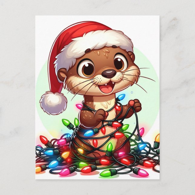 A Festive Christmas Otter Wrapped in Lights Postcard (Front)