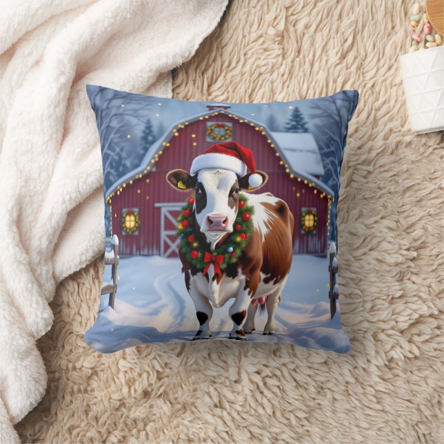 A Festive Cow in Santa Hat Country Christmas  Cushion (Blanket)