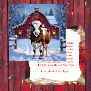A Festive Cow in Santa Hat Country Christmas Holiday Card