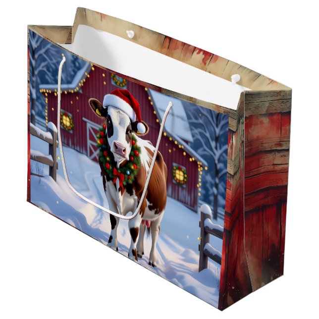 A Festive Cow in Santa Hat Country Christmas  Large Gift Bag (Front Angled)
