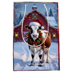 A Festive Cow in Santa Hat Country Christmas Medium Gift Bag