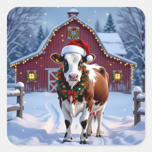 A Festive Cow in Santa Hat Country Christmas Square Sticker (Front)