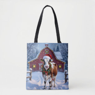 A Festive Cow in Santa Hat Country Christmas   Tote Bag