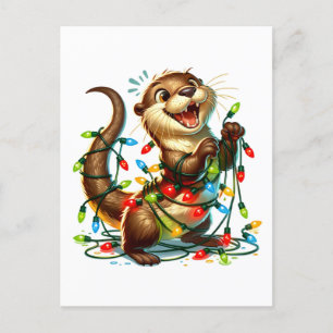 A Festive Cute Christmas Otter Wrapped in Lights Postcard