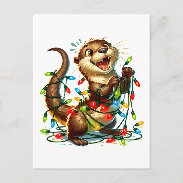 A Festive Cute Christmas Otter Wrapped in Lights Postcard (Front)