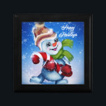 A festive snowman     gift box<br><div class="desc">A festive snowman in a winter wonderland wearing a green scarf
100% Customisable. Click on the CUSTOMIZE button to add,  move,  delete,  resize or change any of the fonts or graphics.</div>