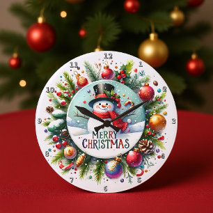 A Festive Snowman in a Wreath Large Clock