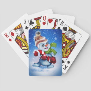 A festive snowman playing cards