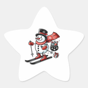 A festive snowman skiing the snowman hold ski star sticker
