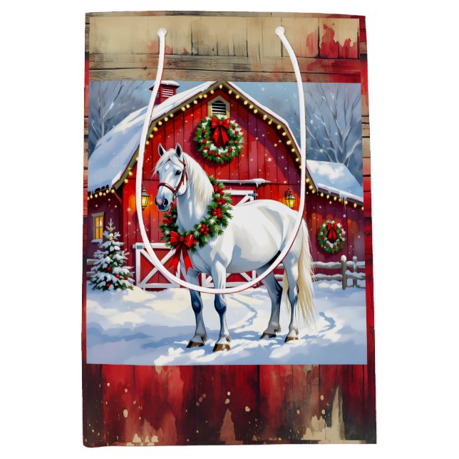 A Festive White Horse and Winter Barn Christmas Medium Gift Bag (Front)