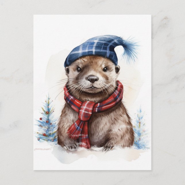 A Festive Winter Christmas Otter Postcard (Front)