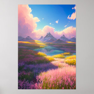 A Field of Blooms, Lake, and Majestic Mountains Poster