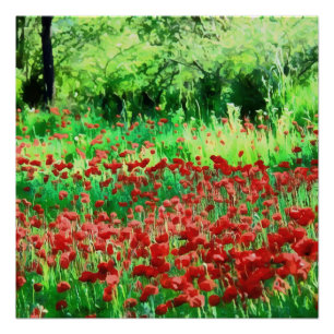 A Field Of Red Wildflowers Landscape Art Poster
