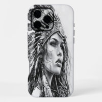 A fierce Indian warrior girl adorned with feathers