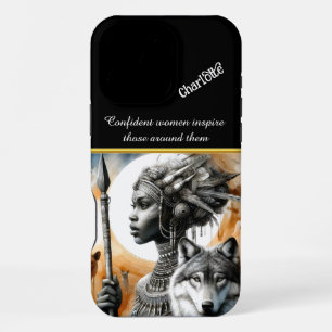A fierce warrior woman stands with a majestic wolf iPhone 16 pro max case