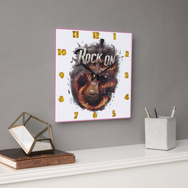 A fiery guitar rocking through the night square wall clock (Office)