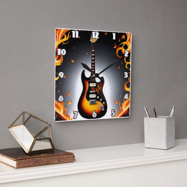 A fiery guitar shining in the spotlight square wall clock (Office)