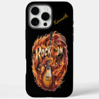 A fiery guitar surrounded by musical notes