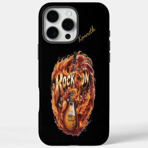 A fiery guitar surrounded by musical notes iPhone 16 pro max case