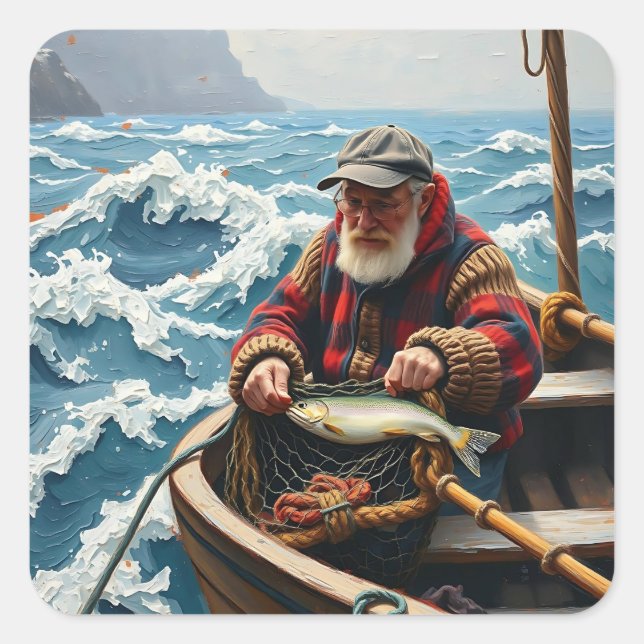 A Fisherman on a Boat in the Ocean Square Sticker (Front)