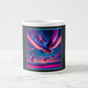 A Flock Of Pink Neon Geese Hovers In The Night Sky Large Coffee Mug