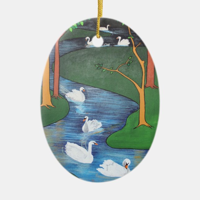 A Flock of Seven Swans-A-Swimming  Ceramic Ornament (Front)