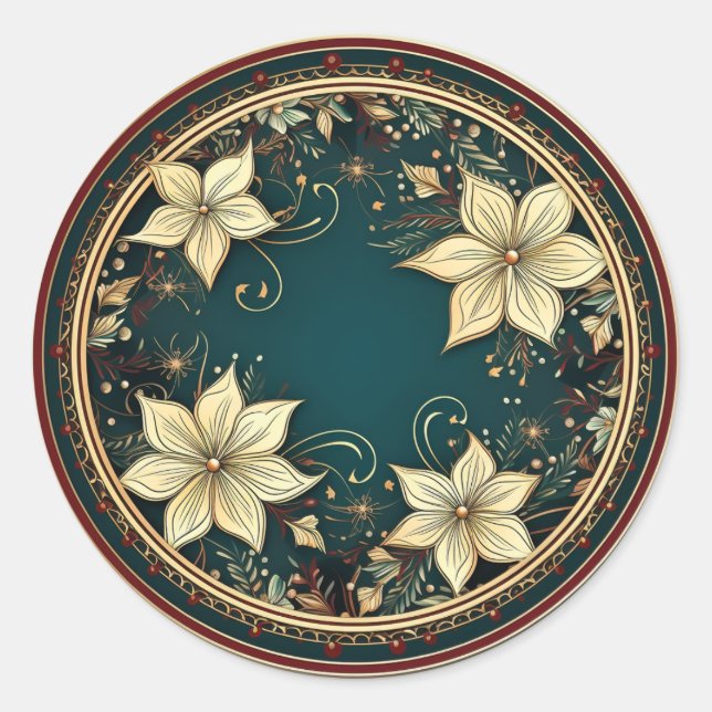A Floral Christmas-Elegant Poinsettia Classic Round Sticker (Front)