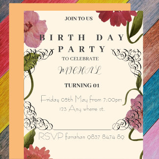A floral customised age birth day invitation. invitation