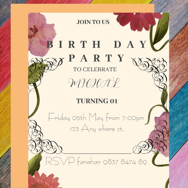 A floral customised age birth day invitation. invitation (Creator Uploaded)