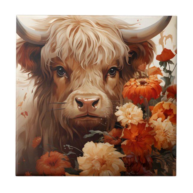 A Floral Highland Cow Series Design 1 Ceramic Tile (Front)