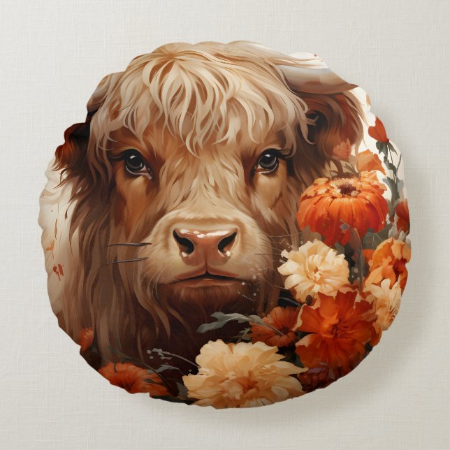 A Floral Highland Cow Series Design 1 Round Cushion (Front)